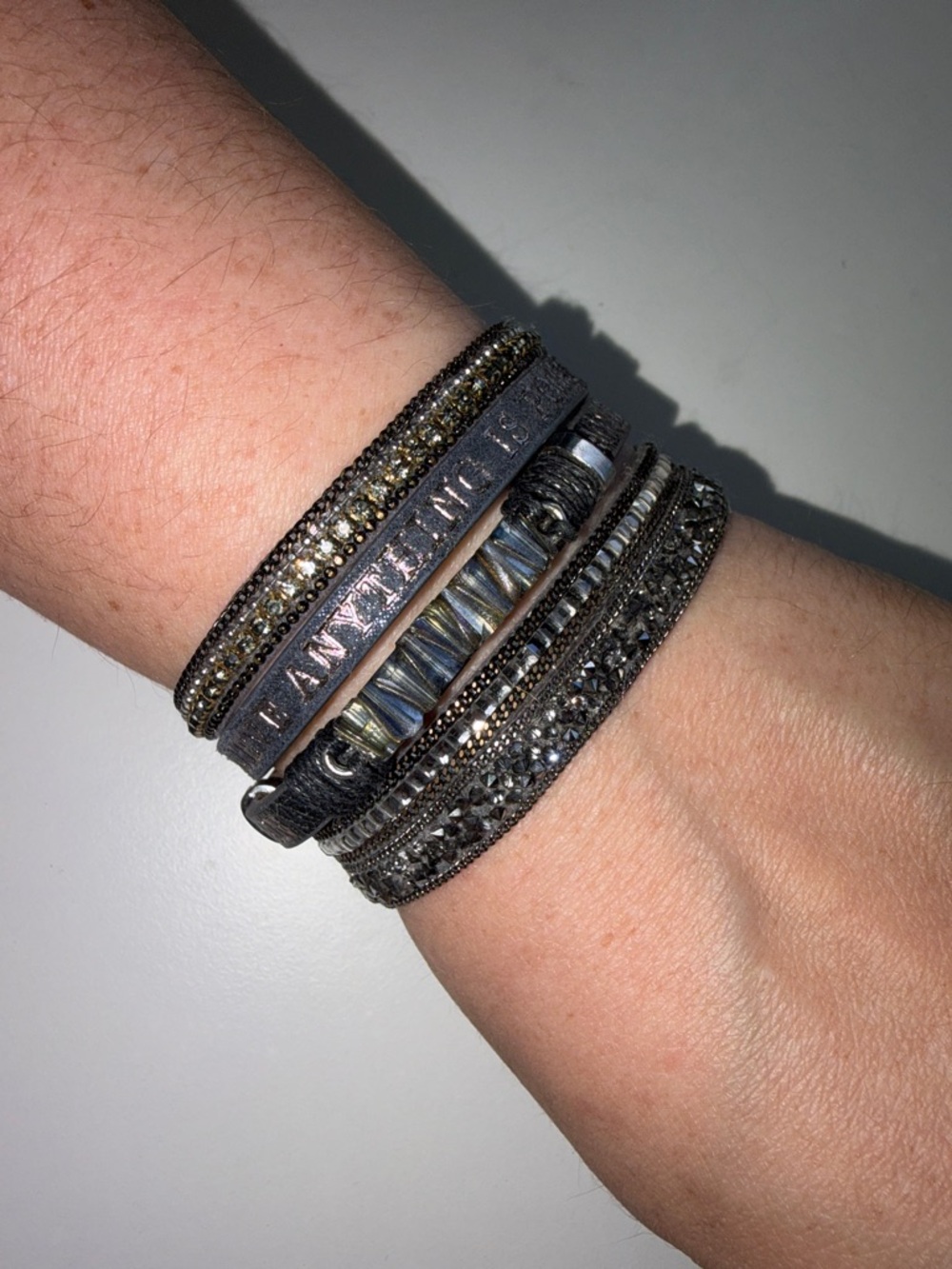 Goodwork(s) Multistrap Grey Leather Bracelet with positive statements on it
